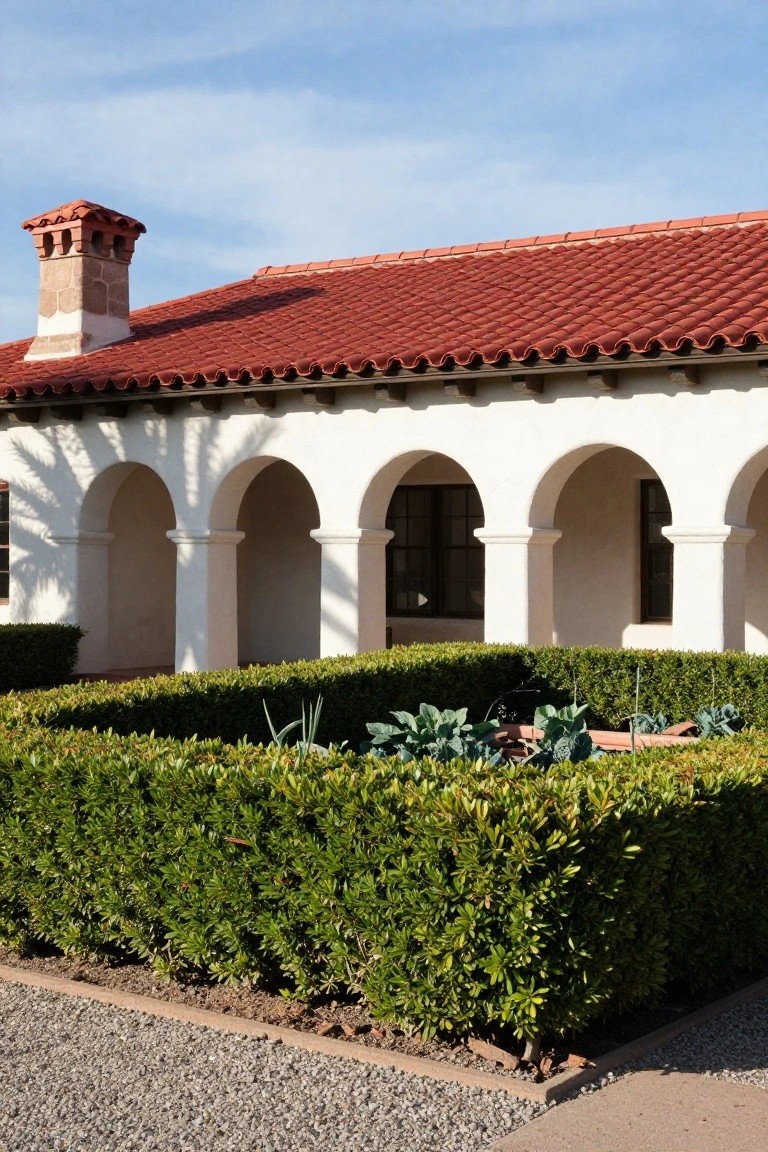 White stucco house with red barrel tile roof and three rounded arches forming a colonnade along the facade, shadowed by a palm tree, with boxwood hedges enclosing a vegetable garden bed and gravel path in front.