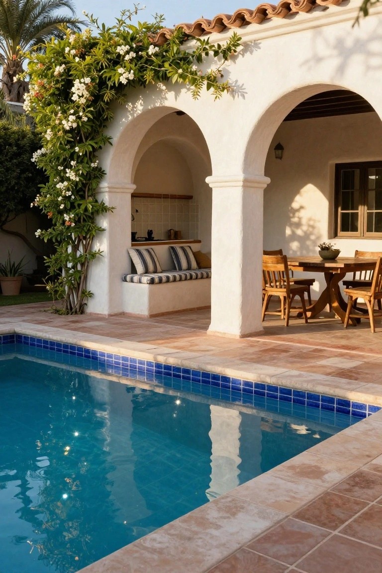 White stucco arched loggia with built-in striped cushions, outdoor kitchen counters, wooden dining table and chairs on terracotta patio tiles next to a blue-tiled swimming pool edged in travertine, with climbing white flowers on arches and palm trees nearby.