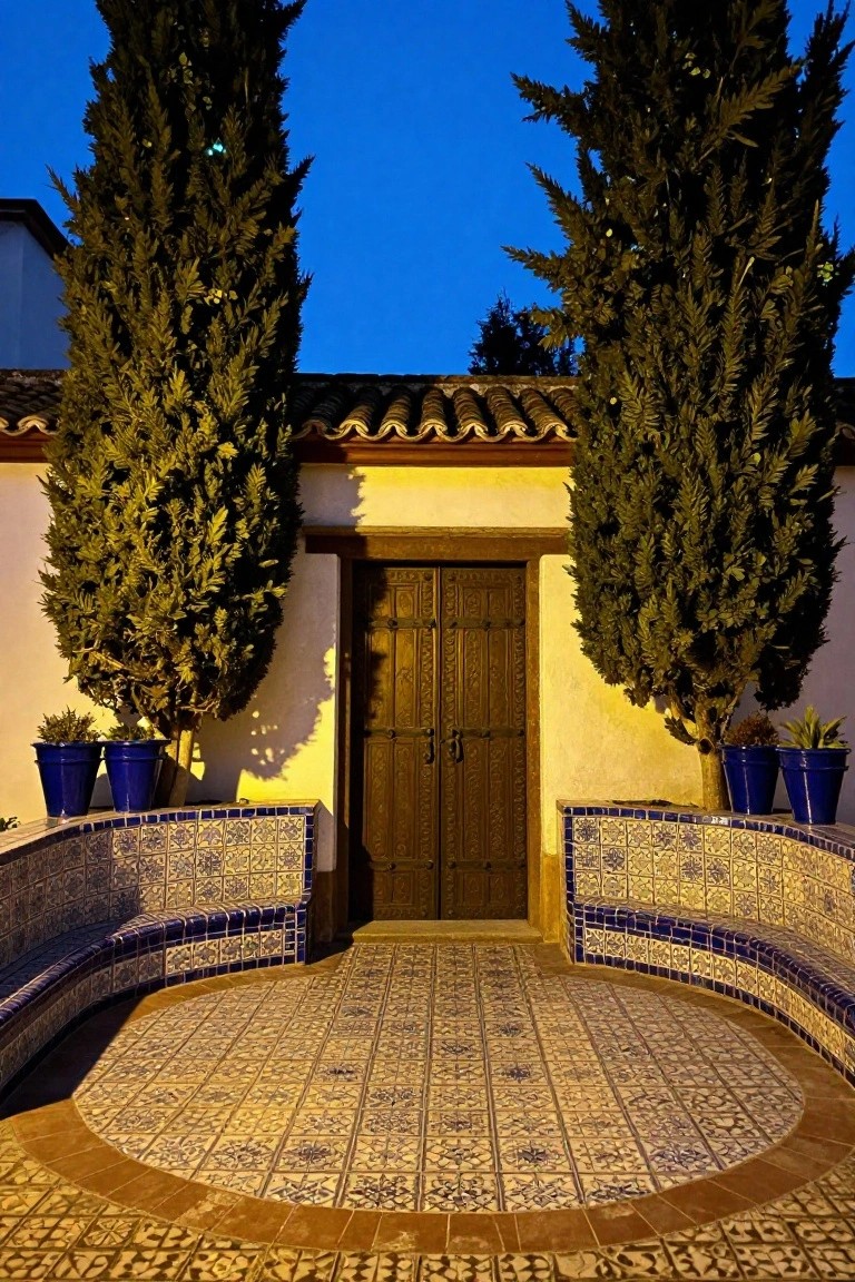 Courtyard entrance featuring a dark carved wooden double door centered between white stucco walls, flanked by tall potted cypress trees, curved blue-and-white tiled benches wrapping around a circular tiled patio area under a blue twilight sky.