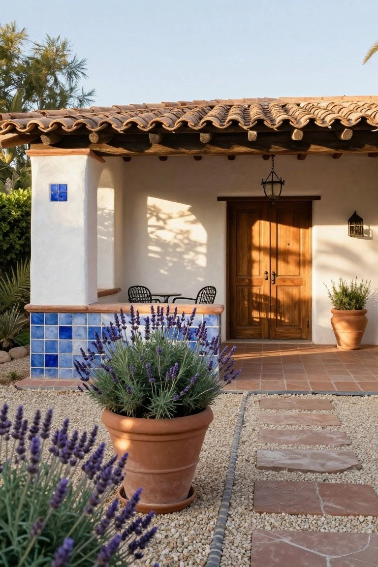 White stucco covered porch on Spanish Colonial home with terracotta tile roof, dark wooden double doors, blue mosaic tile accents, black metal bistro chairs and table, potted lavender plants, and gravel path with stone steps leading to the entry.
