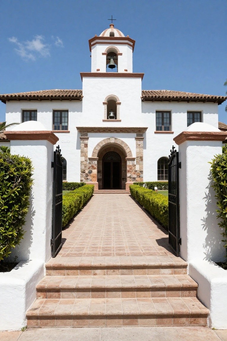 White stucco Spanish Colonial style house exterior with red tile roof, central bell tower, arched stone-framed wooden entry door, wrought iron gates between stucco pillars flanked by boxwood hedges, brick paver pathway, and front steps under blue sky.