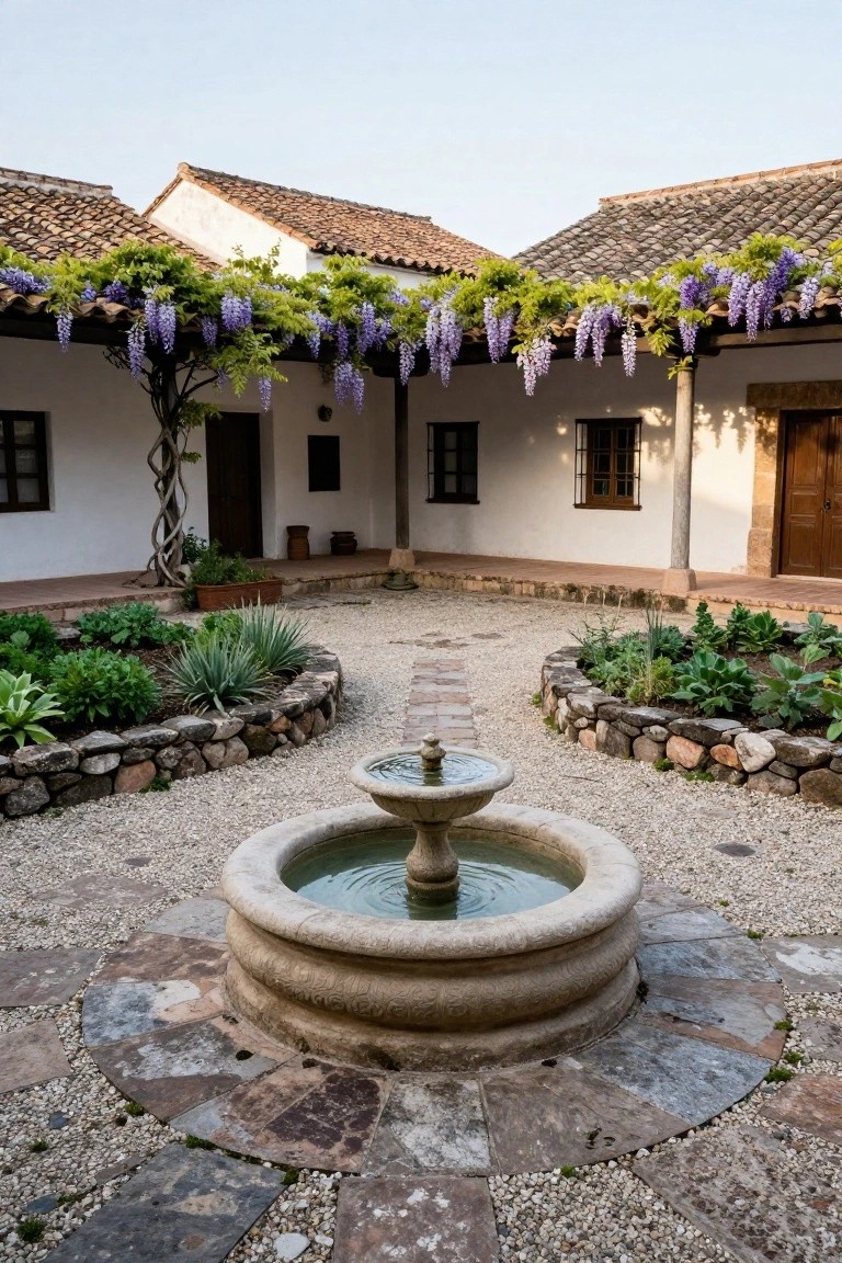 Spanish colonial courtyard with central circular stone fountain on gravel, surrounded by raised stone-edged garden beds, gravel paths, white stucco walls with wooden doors, and purple wisteria vines on a pergola overhead.