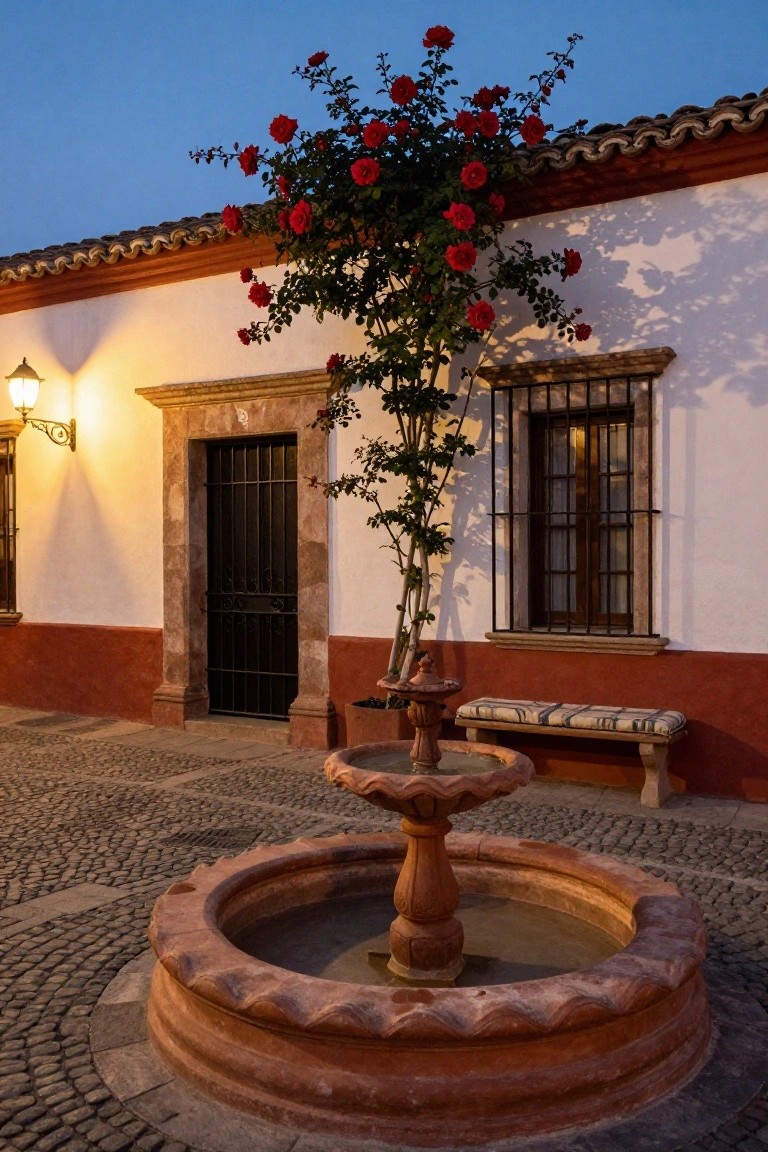 Stone courtyard with a terracotta fountain, red rose tree, and white walls.