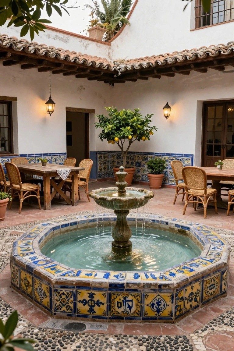 Outdoor courtyard in Spanish colonial style with central octagonal fountain tiled in blue and yellow patterns, surrounded by pebble ground, wooden dining tables with wicker chairs, potted plants, lanterns on white stucco walls with blue tile accents.