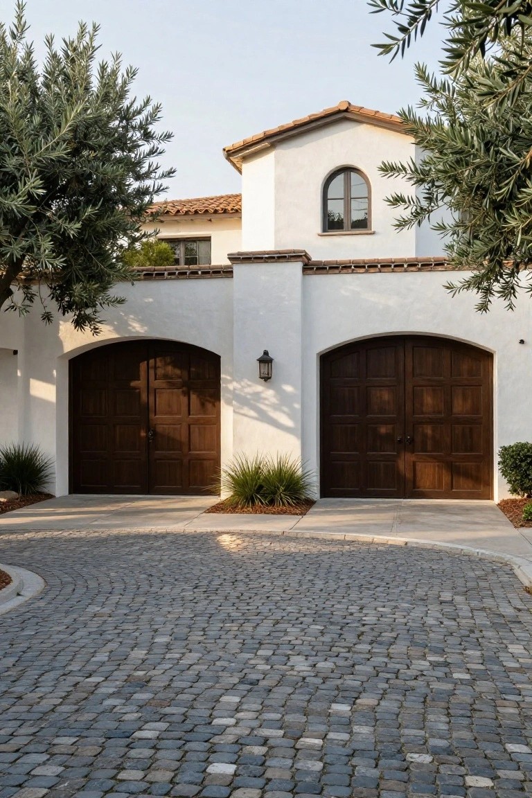 White stucco Spanish Colonial style home exterior with two large arched dark wood garage doors, a wall lantern between them, olive trees flanking the sides, low plants, and a curved cobblestone driveway.