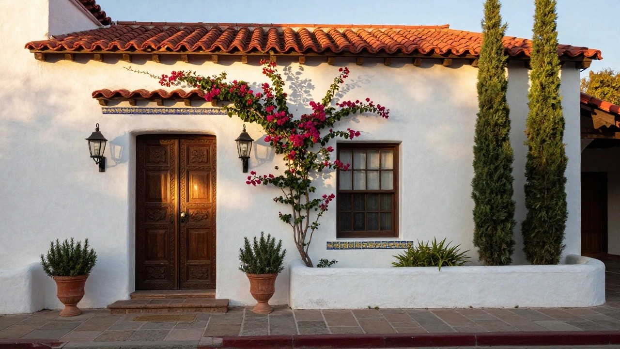 White stucco Spanish Colonial house exterior with red tile roof, arched double wooden doors flanked by iron lanterns and large terra cotta pots containing cypress trees, purple bougainvillea vines cascading over the entry, and blue tile accents along the base.
