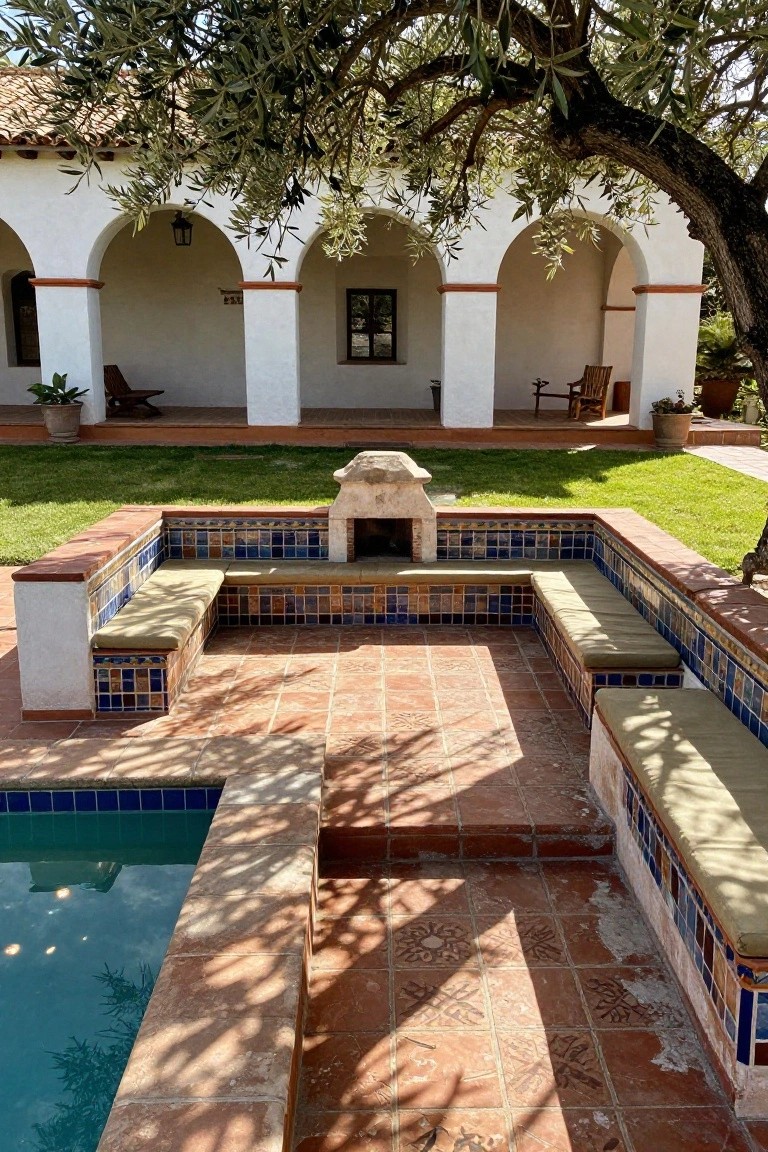 U-shaped outdoor benches with blue tiled backs and beige cushions surrounding a stone fireplace, next to a turquoise pool edged in terracotta, with white stucco arches and olive tree in a sunny courtyard.