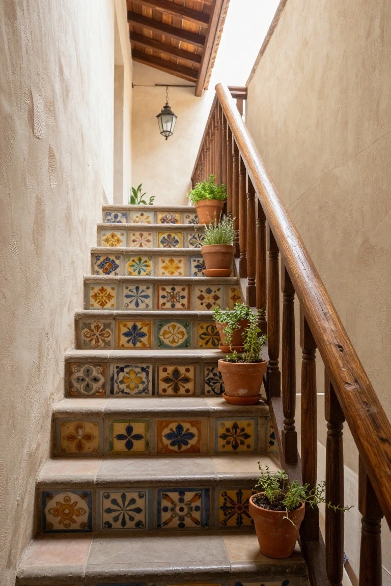 Narrow interior staircase with colorful patterned ceramic tiles on each step, wooden railing, potted plants in terracotta pots along the sides, lantern light overhead, and textured stucco walls.