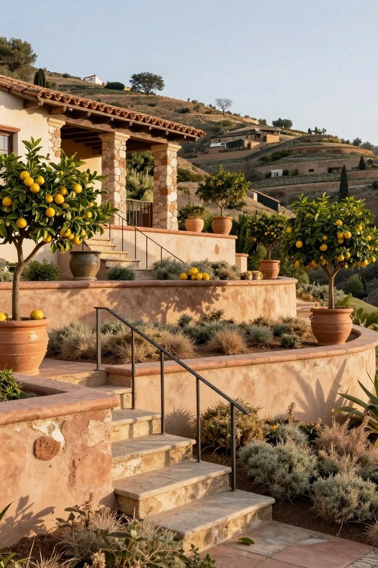 Spanish colonial style house exterior on a terraced hillside with stucco walls, stone steps, black metal railings, large terracotta pots of citrus trees, and drought-tolerant plantings.
