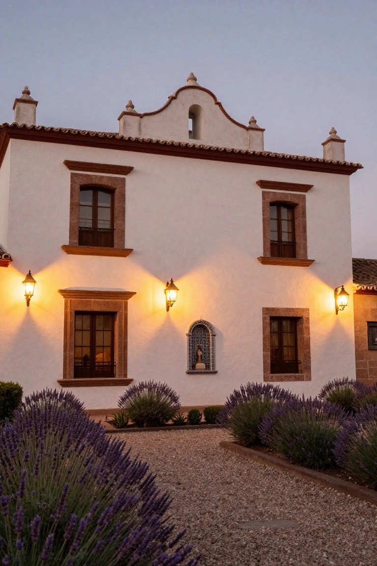White stucco Spanish colonial house exterior featuring red tile roof, wooden-framed windows and doors with stone surrounds, lit wall-mounted lanterns, a tiled religious niche, lavender plants, and gravel path at dusk.