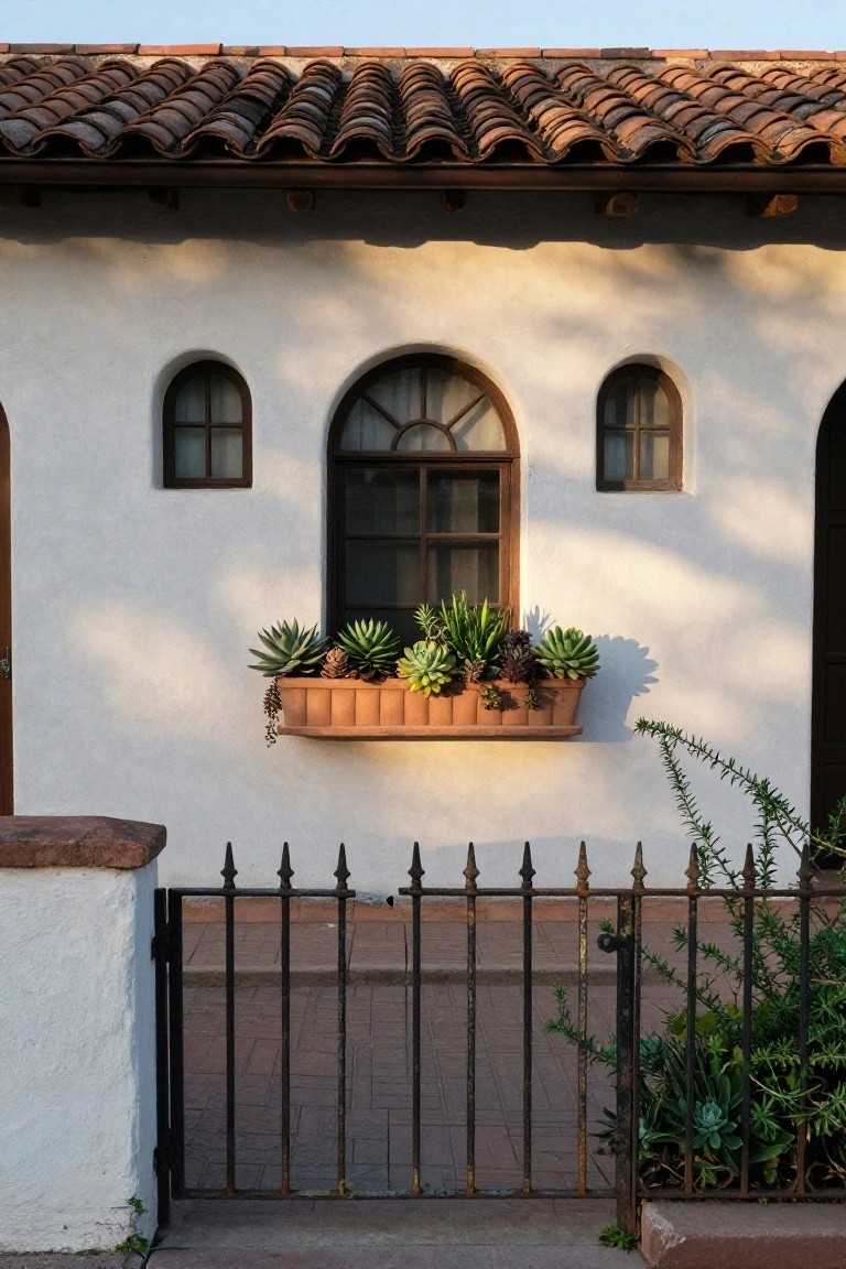 White stucco wall of Spanish Colonial house with rounded windows, arched window with screen, terracotta window box filled with succulents, black iron gate, and plants at base.