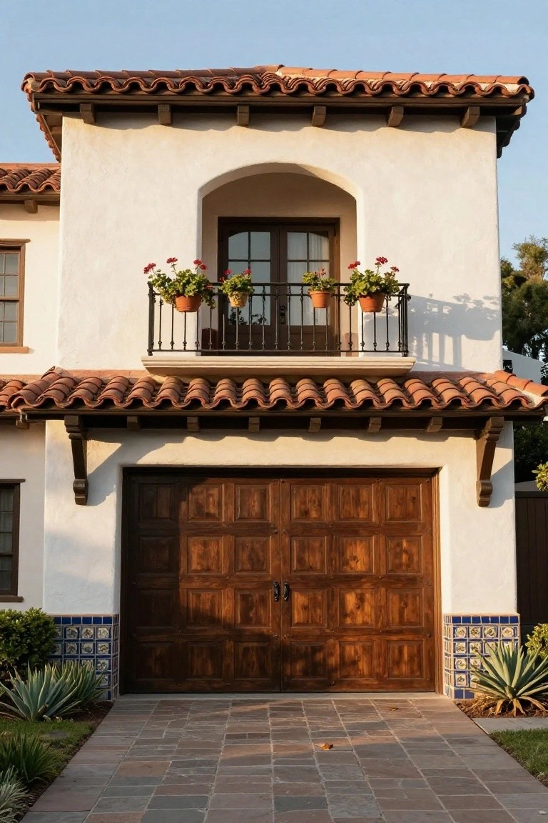 White stucco Spanish Colonial house facade with red barrel tile roof, second-story balcony with wrought iron railing and hanging flower pots, paneled wooden garage door flanked by blue tile details, and agave plants along the driveway.