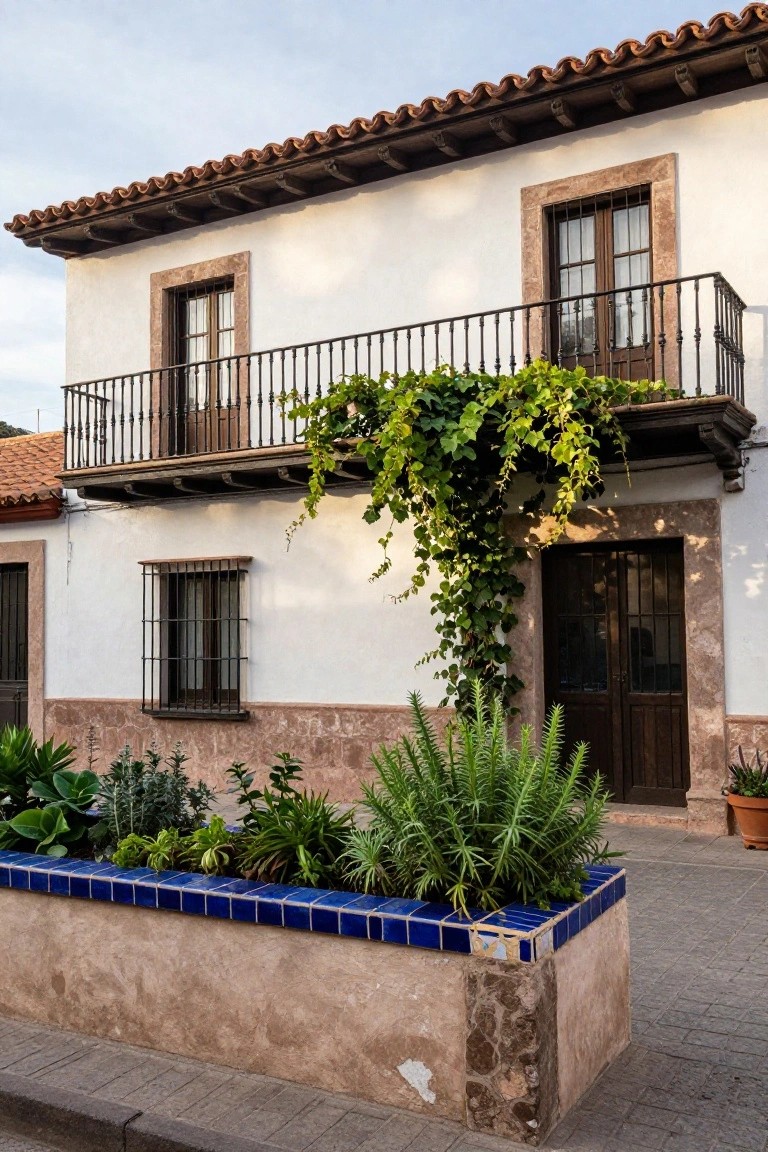 White stucco Spanish Colonial house with terracotta tile roof, upper wrought iron balcony draped in green climbing vines, lower wooden double doors, barred windows, and blue-tiled raised planter box with succulents and other plants.
