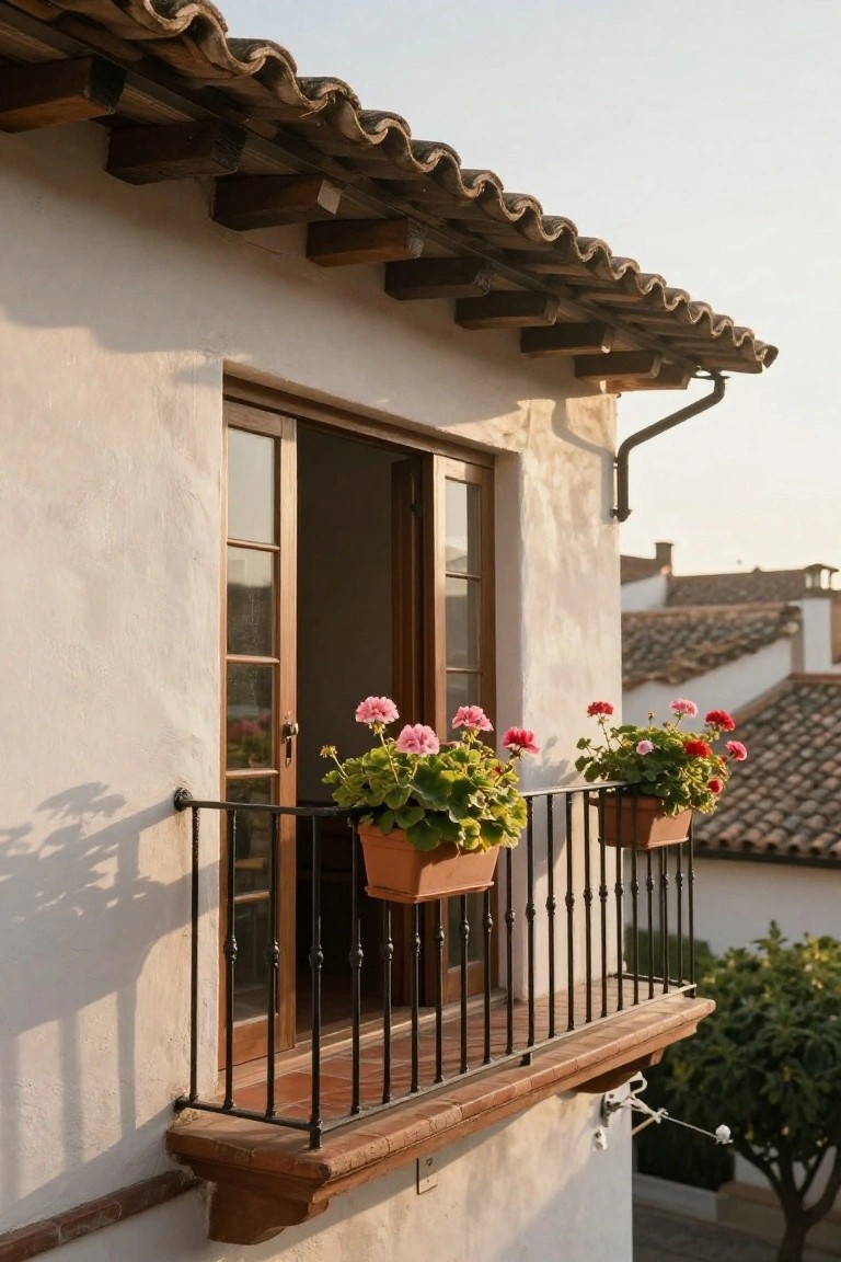 White stucco wall of a Spanish-style house with wooden double doors opening to a wrought-iron balcony holding two terracotta pots of pink geraniums, terracotta tile roof above, golden hour light.