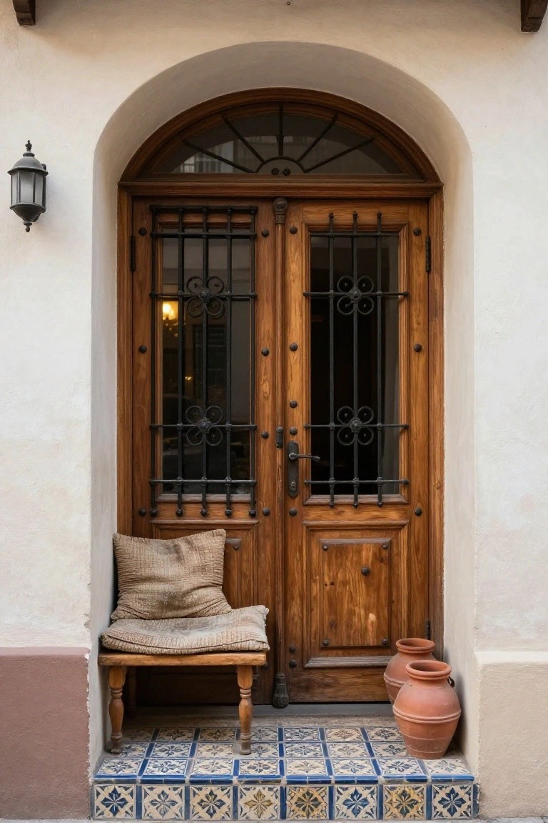Arched wooden double door with black wrought iron security grilles on a white stucco wall, lit by a lantern, with a cushioned wooden bench, two terracotta pots, and blue tiled steps nearby.
