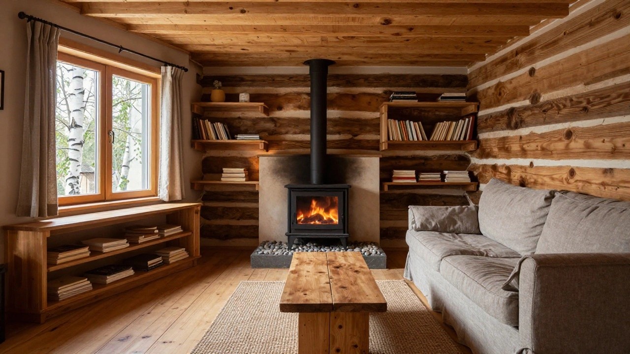 Log cabin living room interior with wooden walls and ceiling, black wood-burning stove on stone base with visible fire, gray sofa, wooden coffee table holding a bowl of fruit, bookshelves, and window showing birch trees outside.