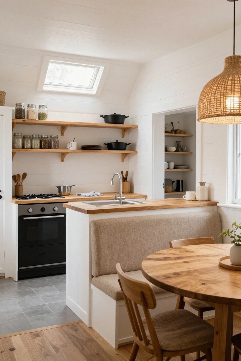 A compact kitchen with white shiplap walls, open wooden shelves stocked with jars and pots, black stove and oven, wooden countertop island with integrated white bench and beige cushions, round wooden table with wooden chairs, and rattan pendant light.