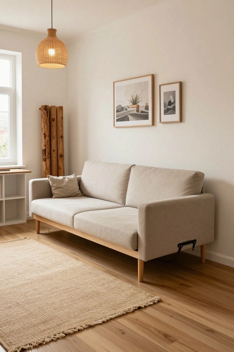 Light beige living room with a gray linen sofa on wooden legs, tall wooden poles leaning against the wall, wooden shelving unit, seagrass rug on light wood floor, rattan pendant lamp, and framed photos on white walls.