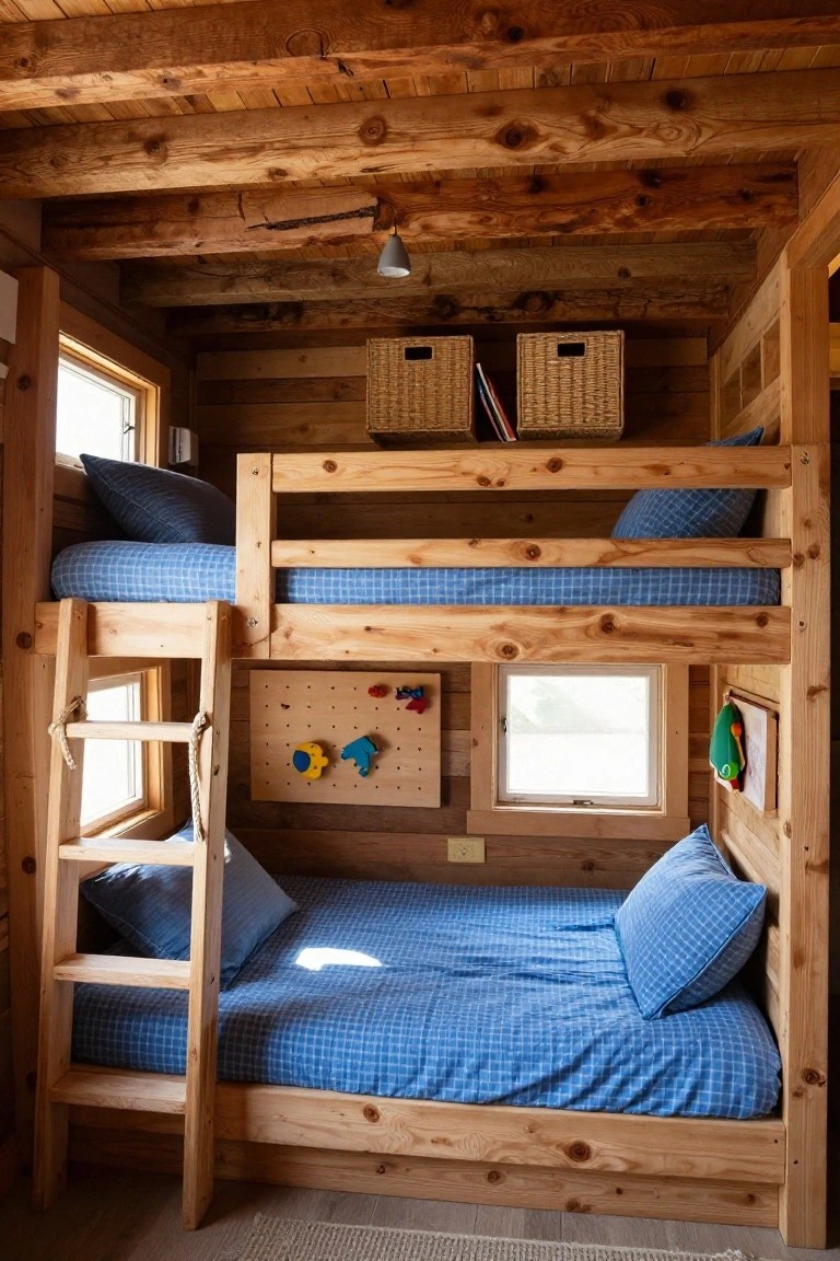 Wooden lofted bunk beds with blue bedding in a small log cabin bedroom, featuring storage baskets, a pegboard with toys, and a ladder against paneled walls and beamed ceiling.