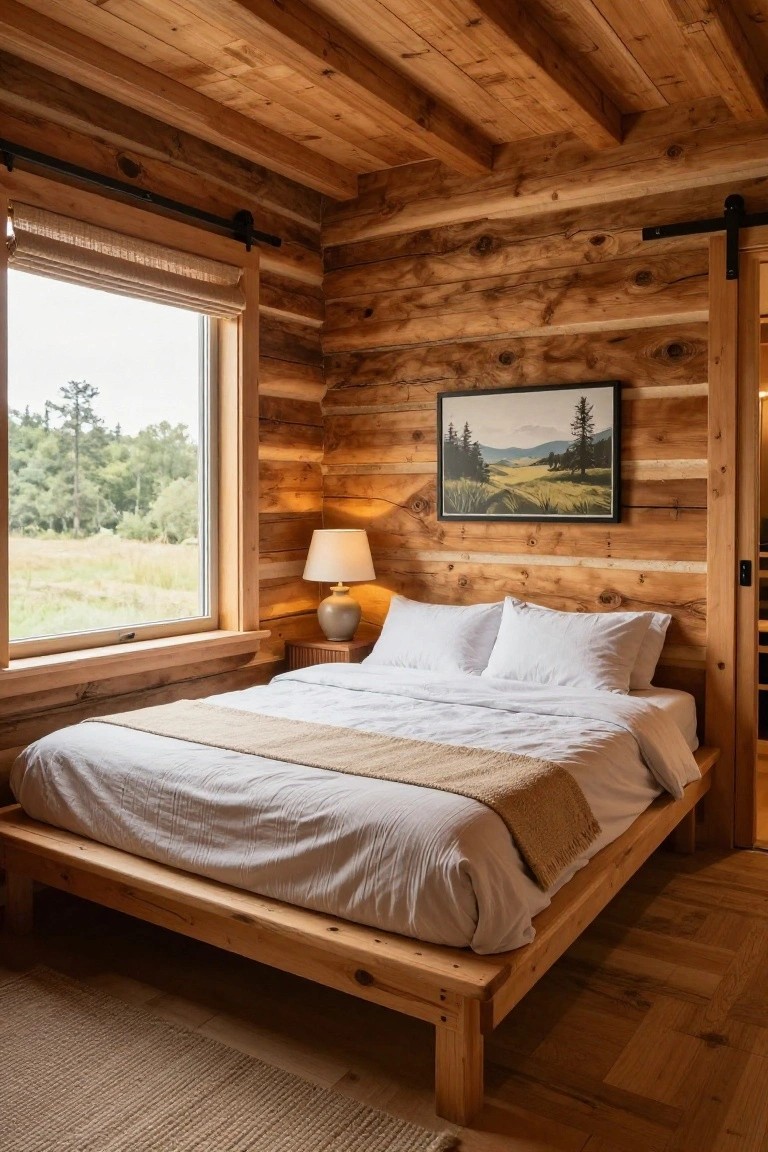Cozy log cabin bedroom with wooden walls and beamed ceiling, platform bed with white sheets and beige throw, large window showing trees and fields, table lamp, and framed landscape painting on wall.