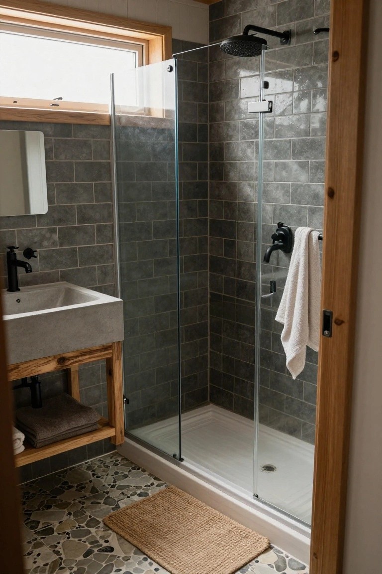 Small log cabin bathroom with frameless glass shower enclosure, concrete sink on wooden stand, gray subway tile walls, pebble mosaic floor, and wooden window frame.