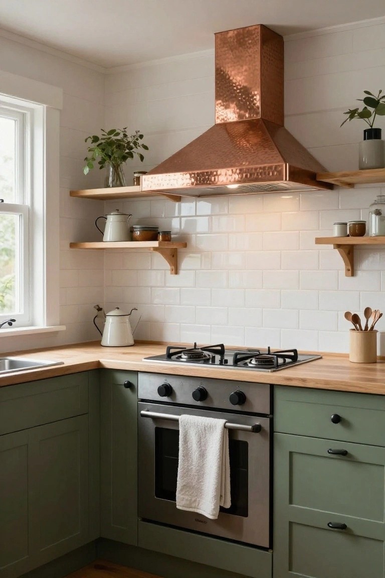 Compact L-shaped kitchen with sage green shaker cabinets, oak butcher block countertops, stainless steel cooktop and oven, hammered copper range hood, white subway tile backsplash, wooden open shelves holding pottery and plants, and a window nearby.