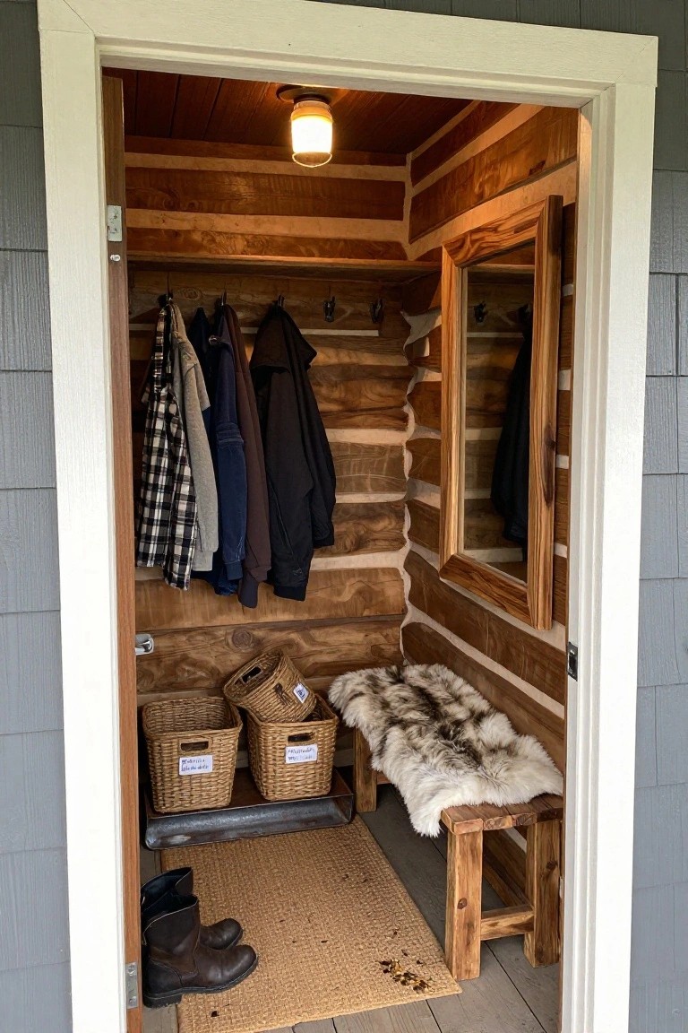 Open door to a log cabin mudroom with wooden walls, coat hooks holding various jackets, a bench with fur rug and under-baskets, metal tray, woven rug, and brown boots on the floor.