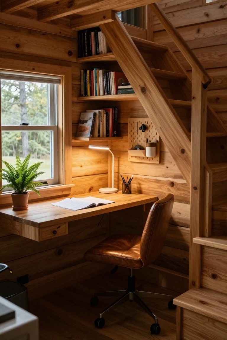 Wooden wall-mounted desk in a log cabin interior with open notebook, leather chair on wheels, task lamp, bookshelves, potted fern near window showing trees and ferns outside, and stairs to loft.