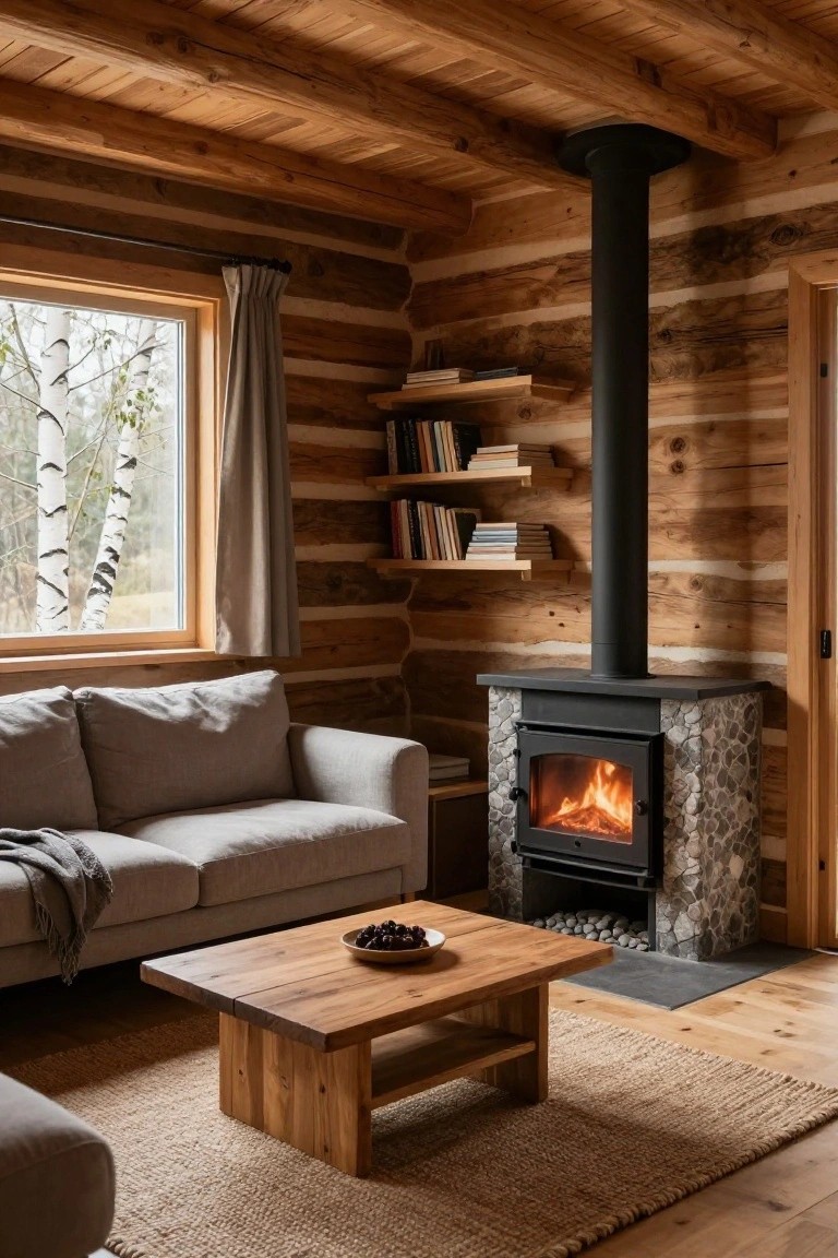 Log cabin living room interior with wooden walls and ceiling, black wood-burning stove on stone base with visible fire, gray sofa, wooden coffee table holding a bowl of fruit, bookshelves, and window showing birch trees outside.