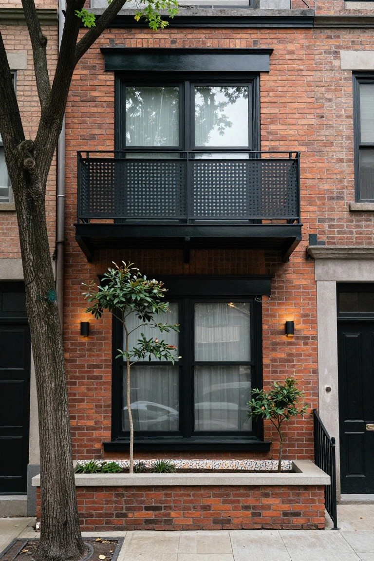 Two-story red brick townhouse exterior featuring a black metal balcony with punched railing, black-framed windows, camellia shrubs in concrete planters, wall lights, and a large street tree.
