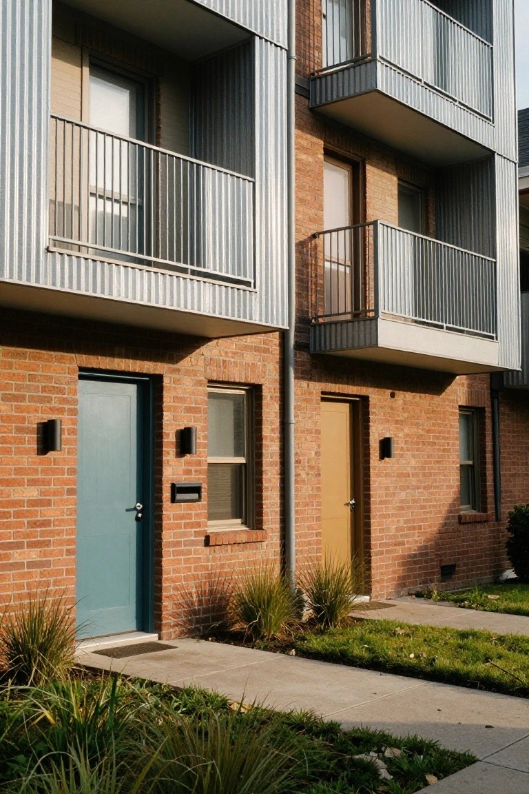Exterior view of a two-story multi-unit building featuring corrugated metal cladding on upper levels and balconies, red brick bases with a blue door on the left and tan door on the right, wall-mounted lights, concrete walkways, and grasses in front.