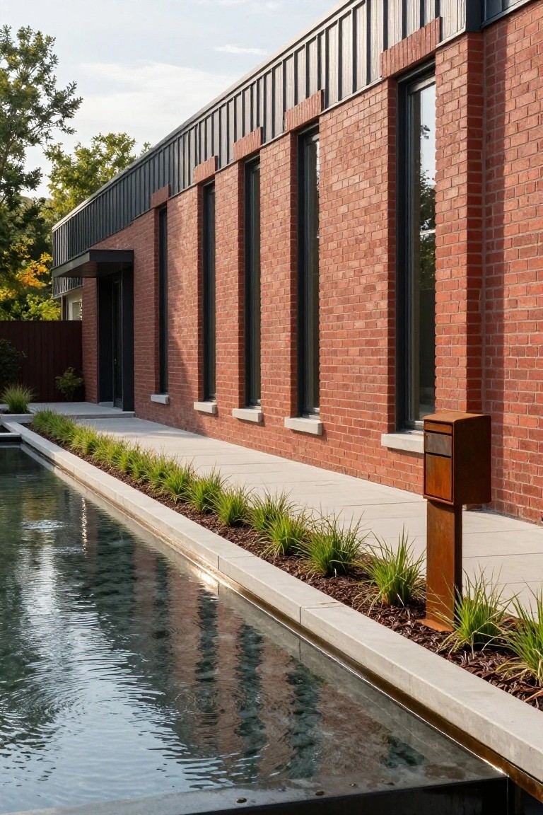 Long side exterior of a brick and black metal house with tall narrow windows, adjacent to a narrow reflecting pool edged with grasses, mulch beds, and a rusty metal mailbox on a concrete path.