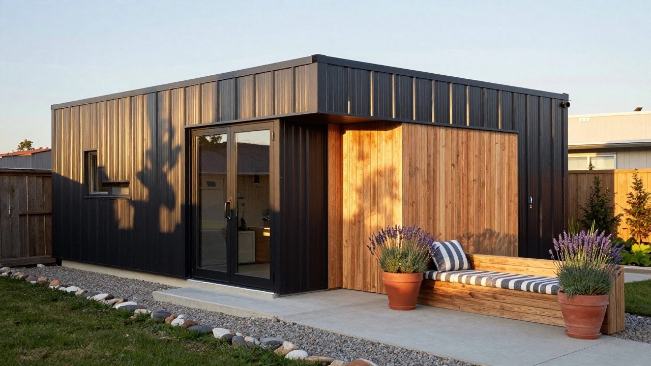 Small prefab building with black corrugated metal siding on sides and top, vertical tan wood planks on front facade, black-framed glass door and small window, wooden bench with blue-and-white cushions next to potted lavender plants on concrete pad surrounded by gravel, rocks, and stepping stones.