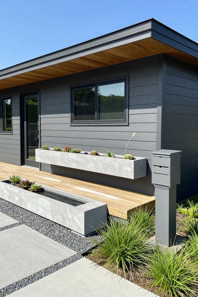Exterior corner of a modern gray wood-sided prefab house with a wood overhang, glass door entry, black-framed window, elevated wood deck with linear concrete planters containing succulents, a metal mailbox on a post, gravel path, and clusters of ornamental grasses.