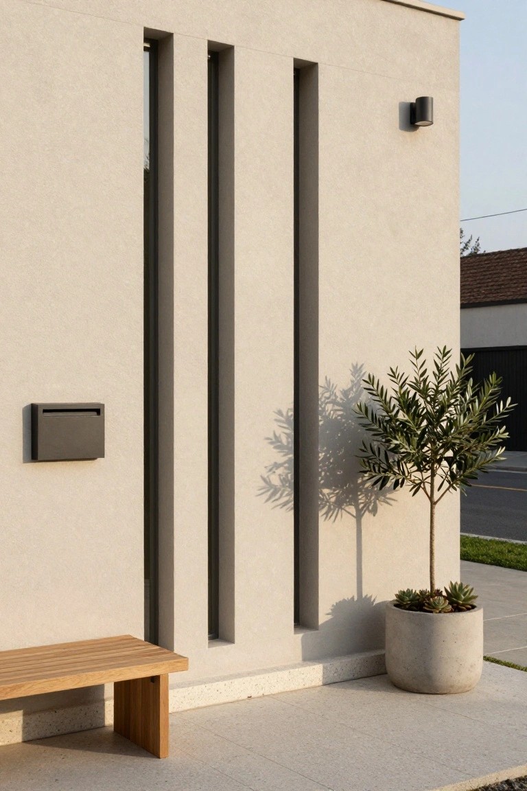 Beige stucco exterior wall of a modern house featuring three tall vertical black slits, a black mailbox, wooden bench, potted olive tree with shadow, and concrete pot of succulents on light-colored pavement.