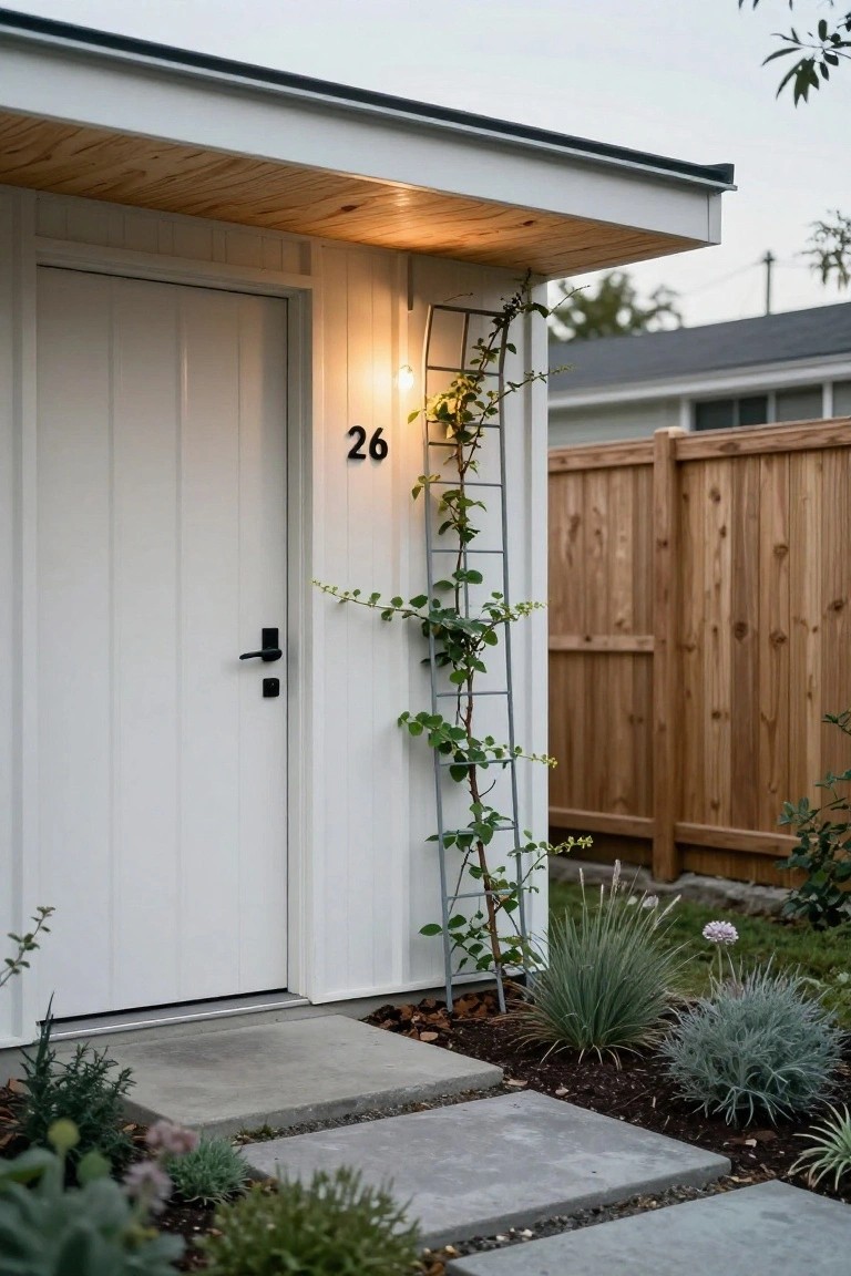 White vertical paneled front door numbered 26 with black handle under a light wood ceiling overhang on matching white shiplap wall, metal trellis with climbing vine to the side, wall lamp lit, concrete steps leading up, and low garden plants in front.