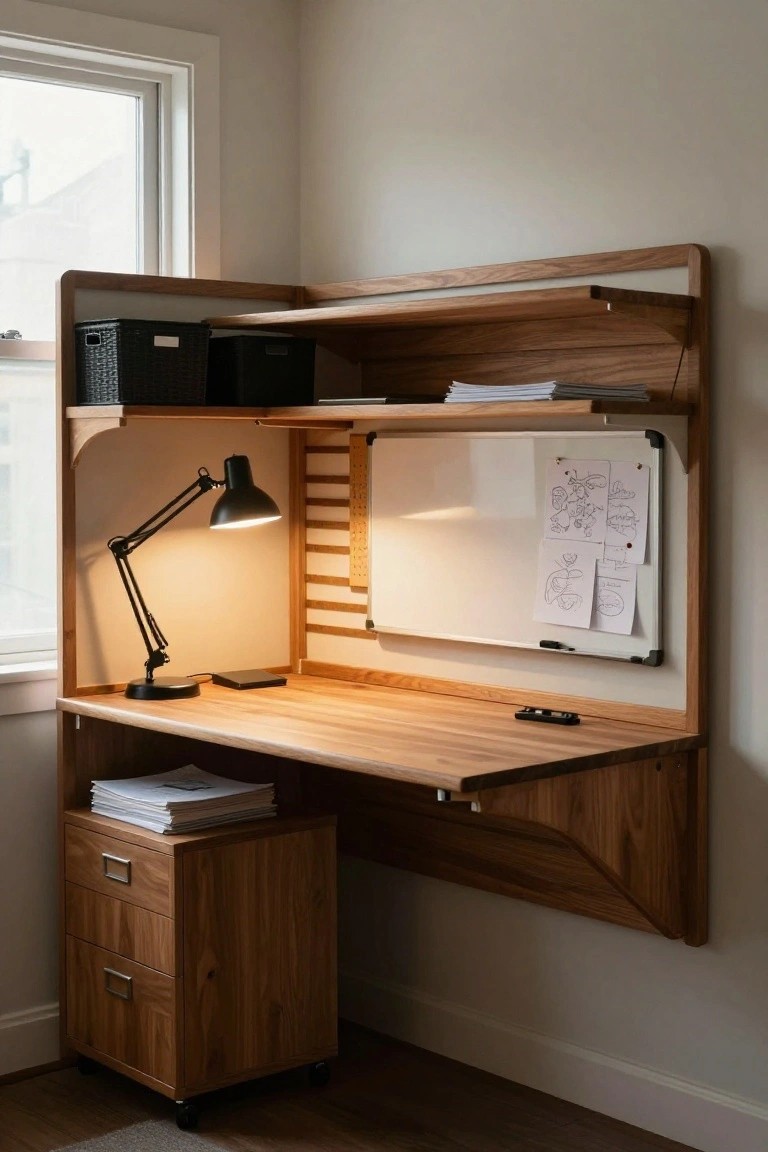 Wooden wall-mounted corner desk unit with pull-out surface, upper shelves holding bins and papers, side whiteboard with notes, adjustable desk lamp, and rolling two-drawer cabinet below, set in a light beige room with window.