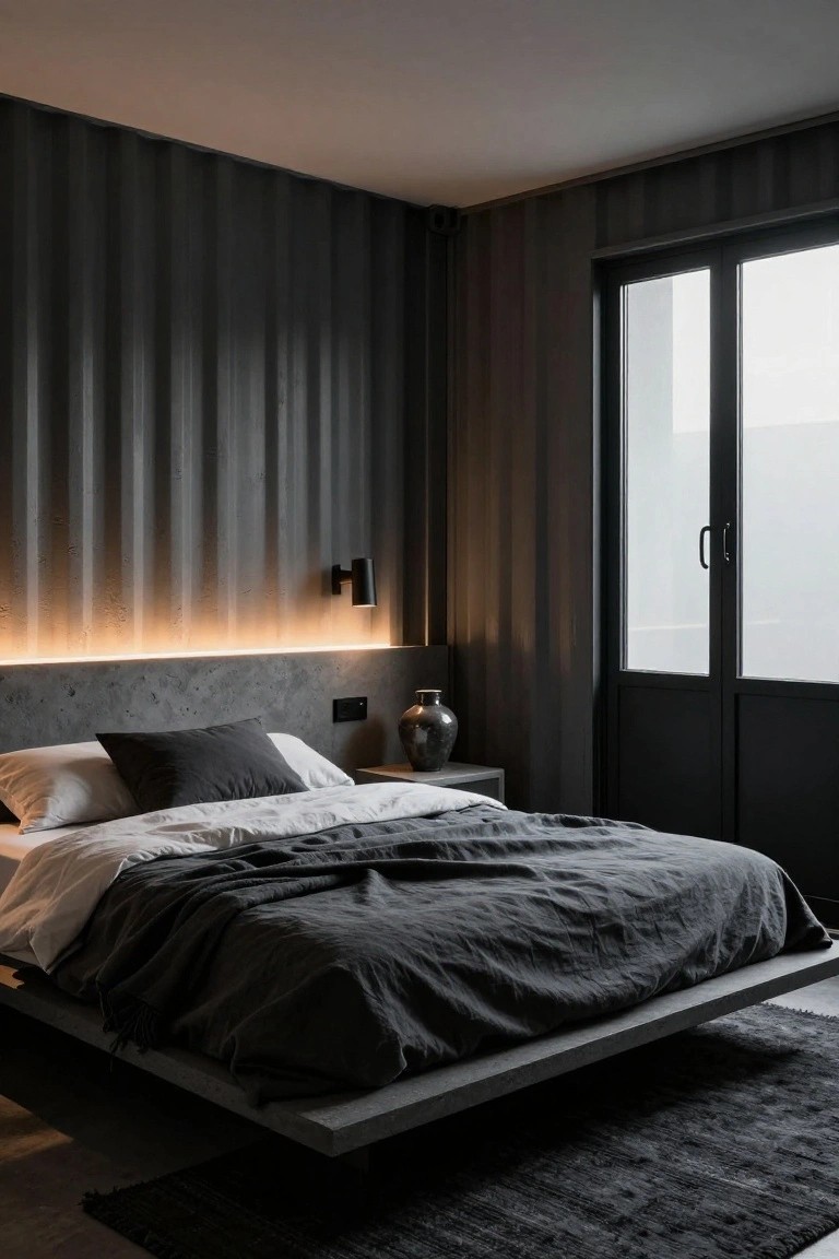 Bedroom interior in a shipping container home with gray corrugated walls, warm LED backlighting behind a concrete headboard, low floating bed with white sheets and gray linens, bedside table with vase, black wall lamp, and dark glass doors to outside.