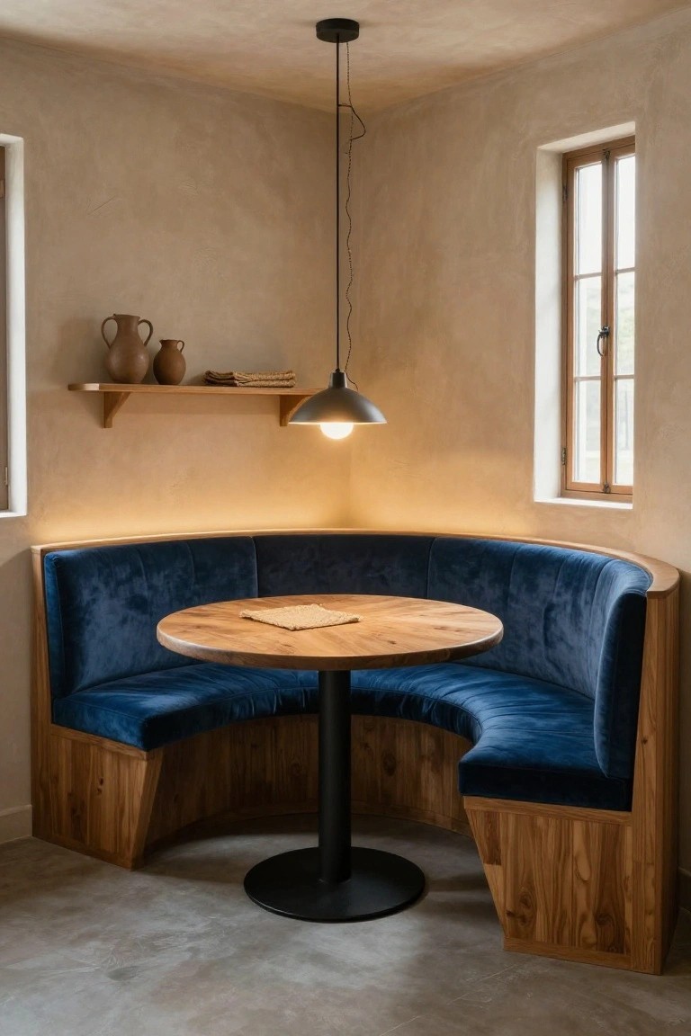 Curved navy blue velvet banquette booth with wooden frame surrounding a round light wood table on black metal base in a beige-walled corner room, with wooden shelves holding terracotta pots and a white pendant lamp overhead.