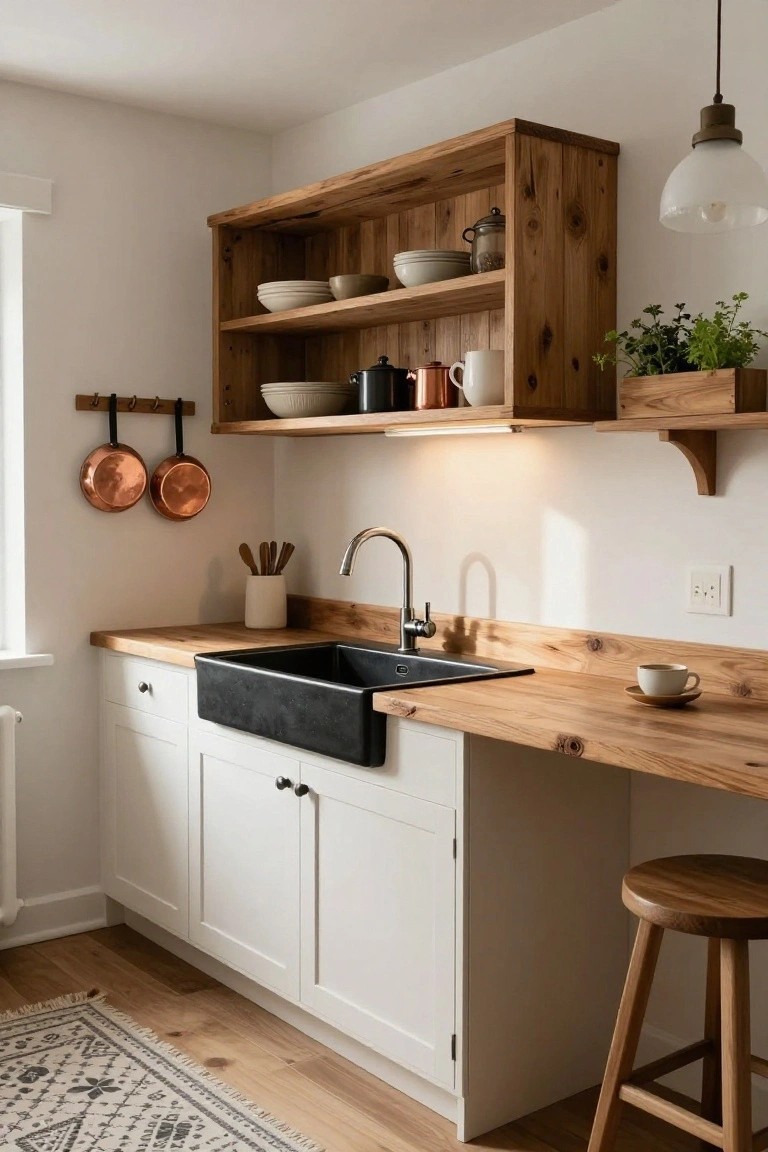 Kitchen interior with open wooden shelves displaying white bowls, ceramics, and copper pots above white cabinets, a black farm sink, wood countertop, and wood stool.