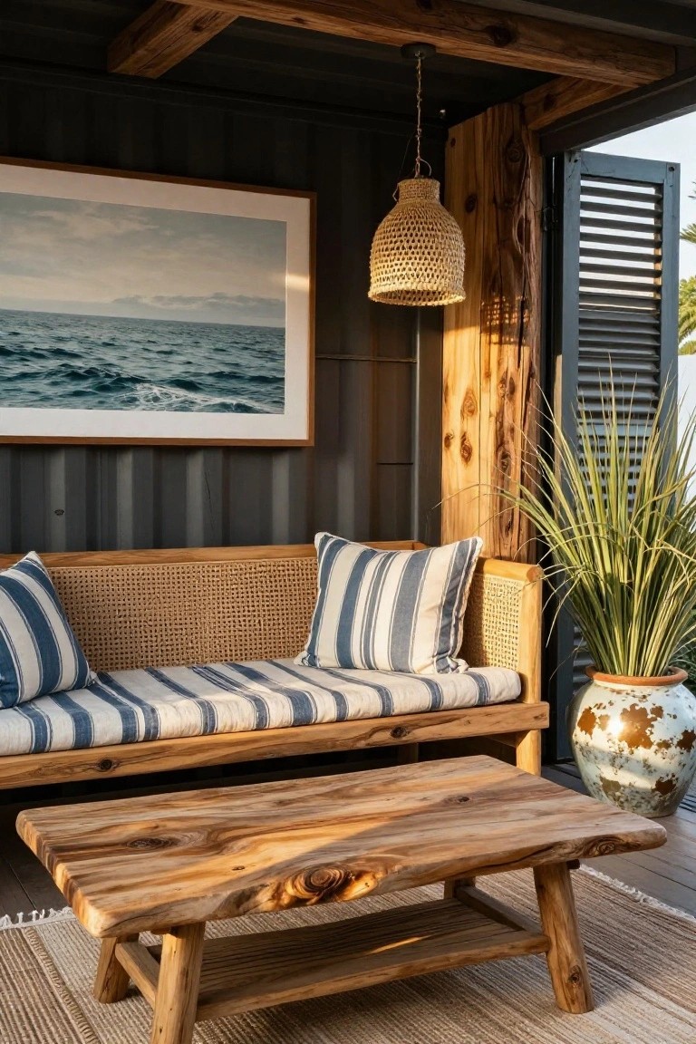 Open-air porch built from a dark shipping container wall with wooden beams, featuring a rattan bench with blue striped cushions, low wooden coffee table on a rug, potted plant, rattan pendant light, and large framed ocean photo on the wall.