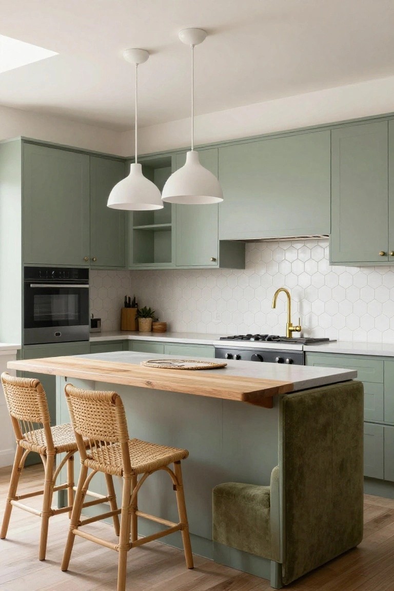 Modern kitchen interior with sage green cabinets, white hexagonal tile backsplash, gold faucet and hardware, black oven, gas cooktop, wooden island countertop with two rattan bar stools and green upholstered bench seating.