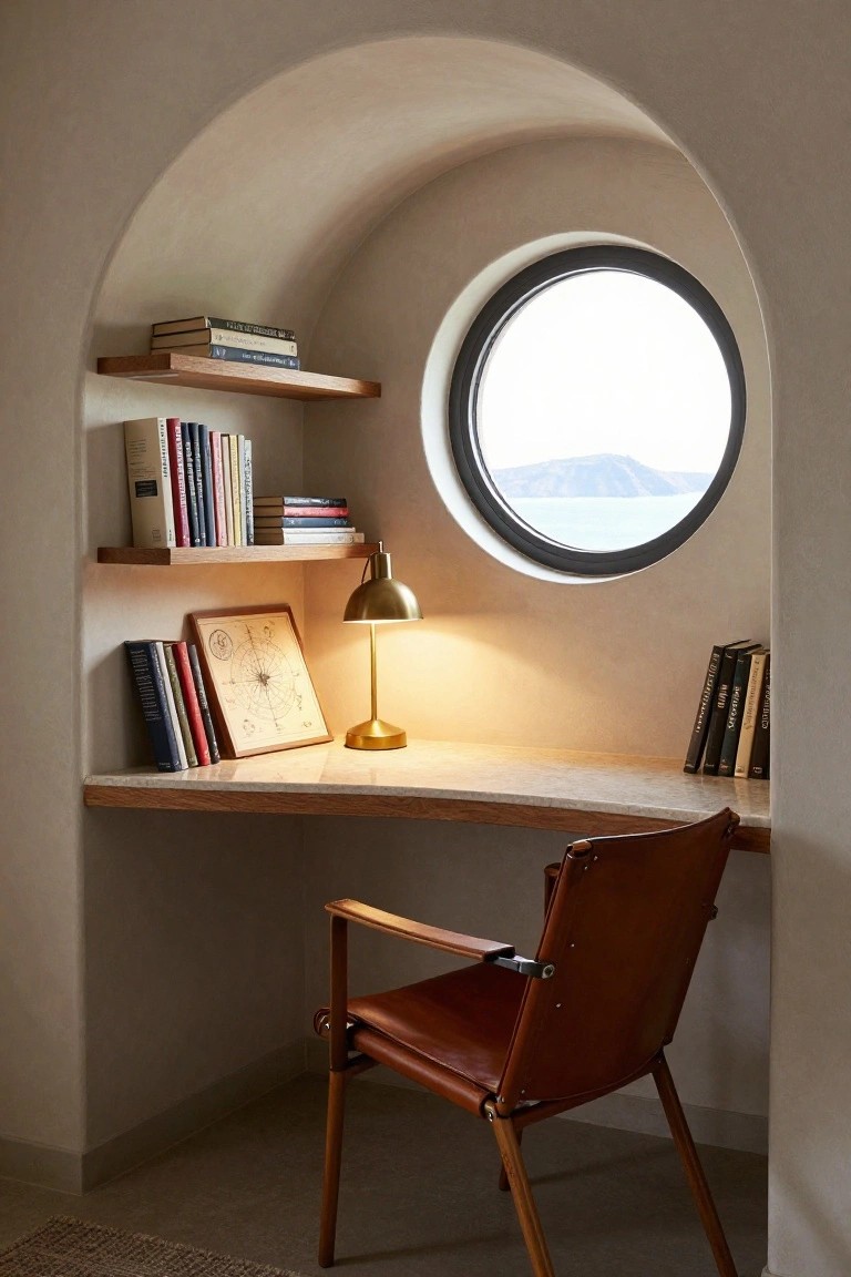 Arched interior alcove with wooden bookshelves stocked with books, a wooden desk holding a brass lamp and framed nautical map, stacks of books on the desk, a red leather armchair, and a round black-framed window overlooking the sea and a distant island.