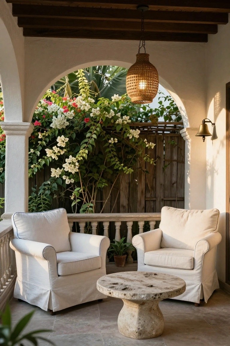 Two white slipcovered armchairs and a round stone pedestal table on a tiled balcony with arched openings, bougainvillea vines, potted plants, and a woven hanging lantern.