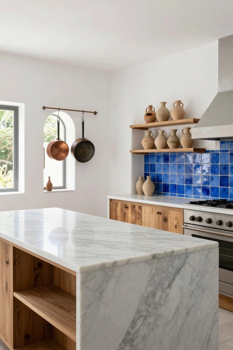 Kitchen interior with white walls, wooden cabinets, white marble island, blue square tile backsplash, stainless steel appliances, hanging copper pots, and terracotta pottery on wooden shelves beside an arched window.