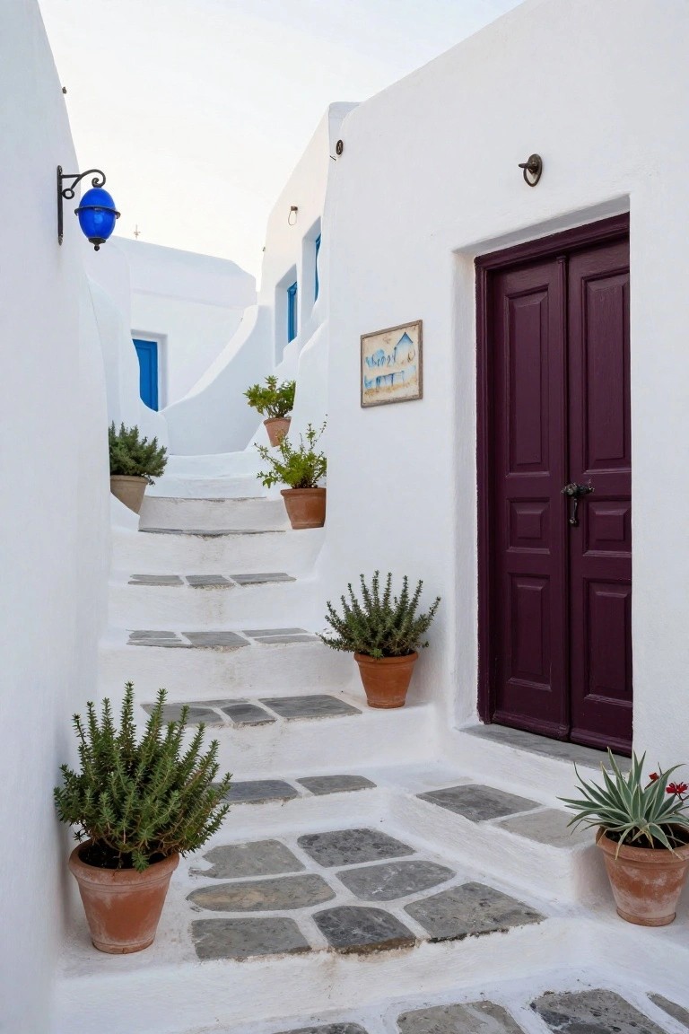 Narrow white-washed passageway with stone steps leading to a deep purple double door, surrounded by potted plants in terracotta pots, blue lantern, and a framed sign.