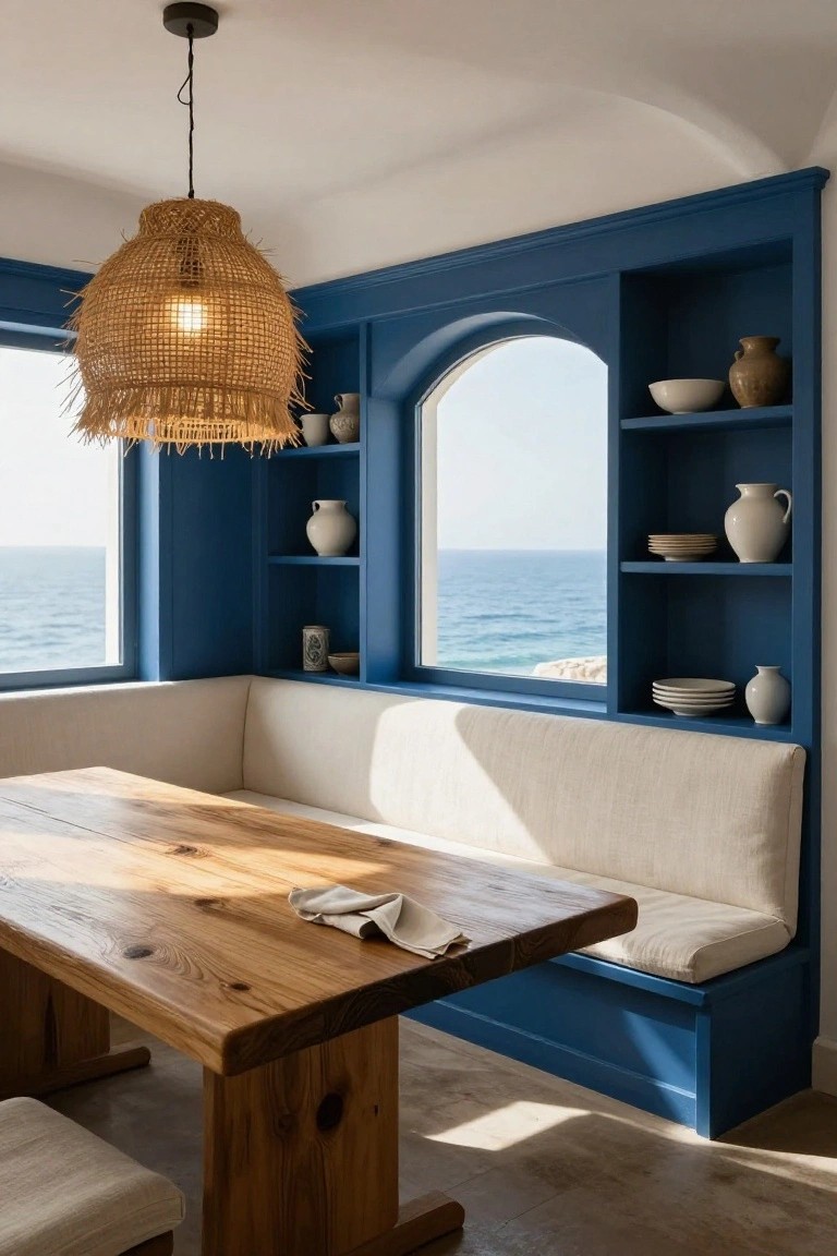 Dining nook in a blue-painted alcove with white banquette seating, wooden table, rattan pendant lamp, shelves displaying pottery, and arched window overlooking the sea.