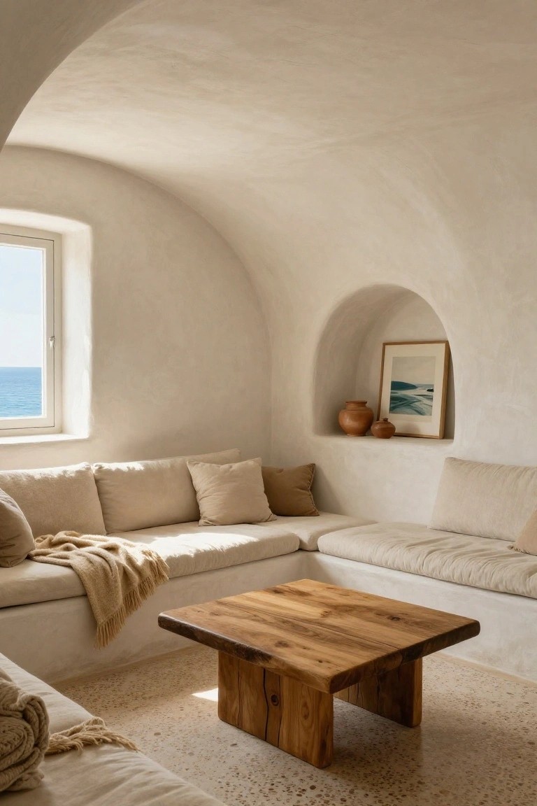 White curved interior room with built-in beige banquette seating, wooden coffee table, pillows and throws, open window to blue sea, and arched wall niche holding terracotta pots and framed painting.