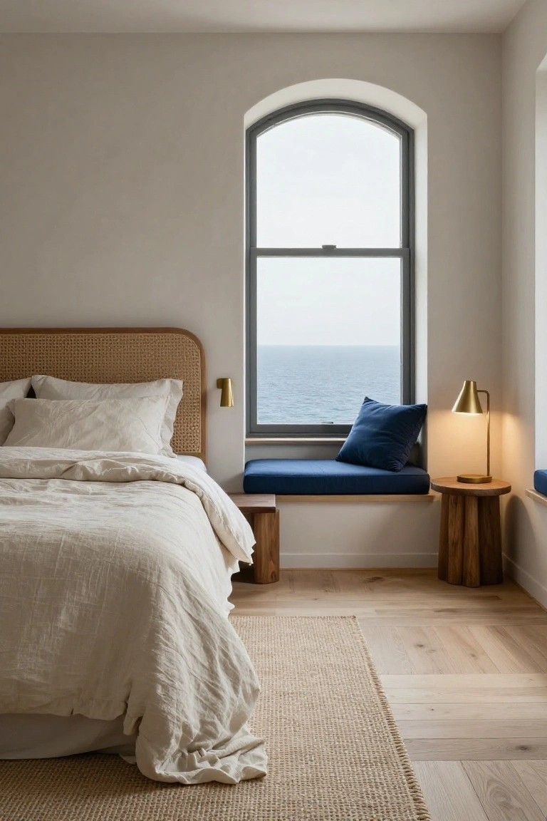 A minimalist bedroom with rattan headboard bed, white linen bedding, built-in blue window bench under an arched window overlooking the ocean, brass lamps, wooden stools, and light wood floors.