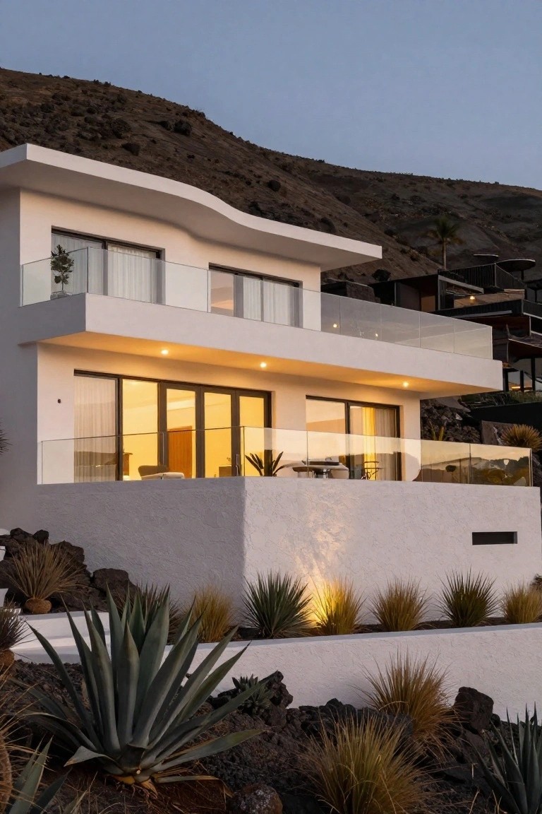 White modern two-story house with curved roofline, glass balconies, and sliding doors built into a volcanic hillside surrounded by agave plants and lava rocks at dusk.